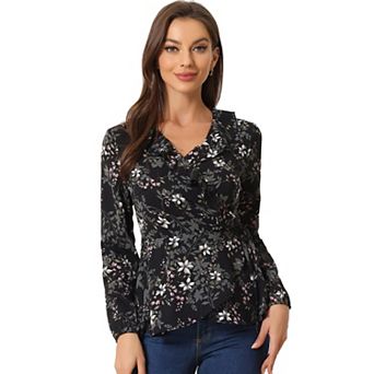 Women's Floral V Neck Wrap Top Long Sleeve Tie Waist Ruffle Peplum Blouse