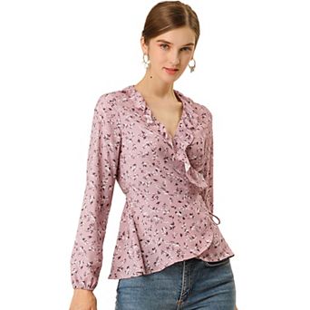 Women's Floral V Neck Wrap Top Long Sleeve Tie Waist Ruffle Peplum Blouse