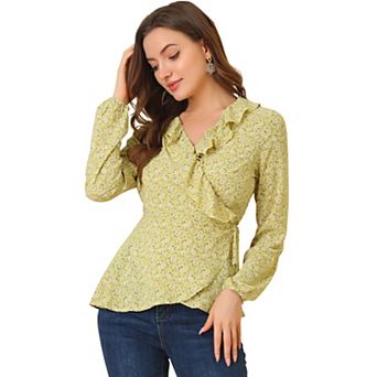 Women's Floral V Neck Wrap Top Long Sleeve Tie Waist Ruffle Peplum Blouse