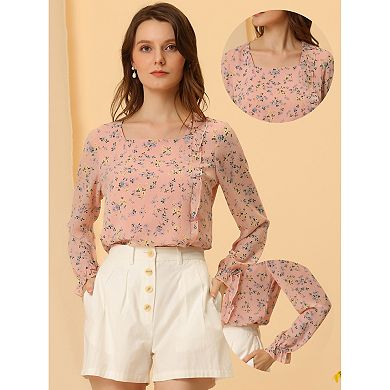 Chic Floral Print Ruffle Neck Long Sleeve Blouse main image 0