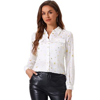 Vintage Shirt For Women's Metallic Stars Gilding Shiny Long Sleeve Blouse