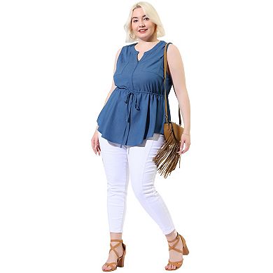 Women's Plus Size Shirts Denim V Neck Drawstring Waist Sleeveless Chambray Tops