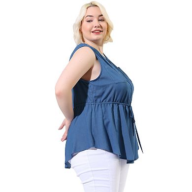 Women's Plus Size Shirts Denim V Neck Drawstring Waist Sleeveless Chambray Tops