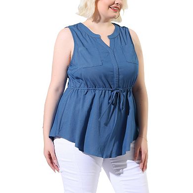 Women's Plus Size Shirts Denim V Neck Drawstring Waist Sleeveless Chambray Tops