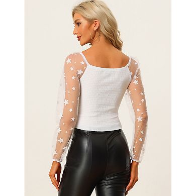 Women's Sheer Star Long Sleeve Square Neck Textured Gothic Crop Top
