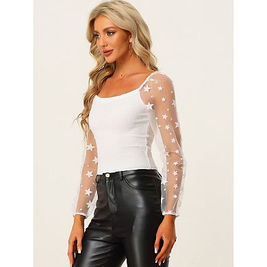 Women's Sheer Star Long Sleeve Square Neck Textured Gothic Crop Top