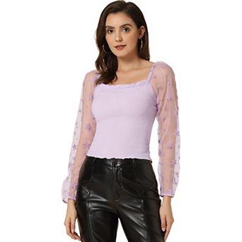 Women's Sheer Star Long Sleeve Square Neck Textured Gothic Crop Top