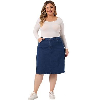 Women's Plus Size Denim Slash Pocket Elastic Waist Back Vent Jeans Skirt