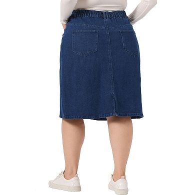 Women's Plus Size Denim Slash Pocket Elastic Waist Back Vent Jeans Skirt