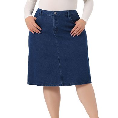 Women's Plus Size Denim Slash Pocket Elastic Waist Back Vent Jeans Skirt