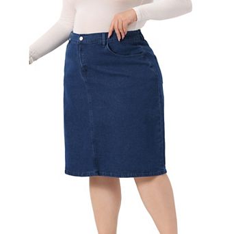 Women's Plus Size Denim Slash Pocket Elastic Waist Back Vent Jeans Skirt