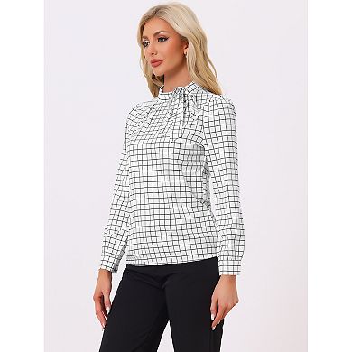 Women's Bow Tie Neck Grid Checks Shirt Office Work Tops Blouses