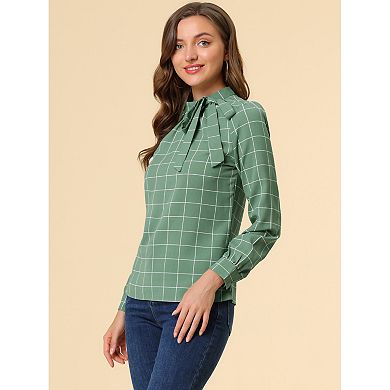 Women's Bow Tie Neck Grid Checks Shirt Office Work Tops Blouses