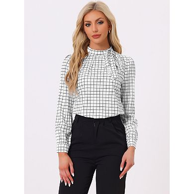 Women's Bow Tie Neck Grid Checks Shirt Office Work Tops Blouses