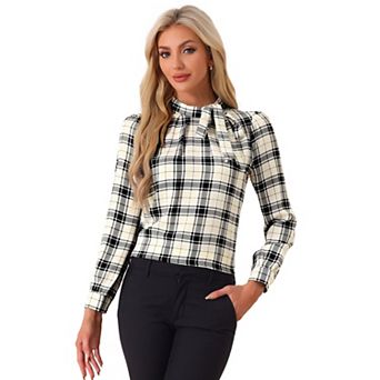 Women's Bow Tie Neck Grid Checks Shirt Office Work Tops Blouses