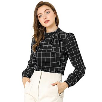 Women's Bow Tie Neck Grid Checks Shirt Office Work Tops Blouses