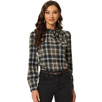 Women's Bow Tie Neck Grid Checks Shirt Office Work Tops Blouses