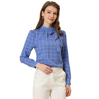 Women's Bow Tie Neck Grid Checks Shirt Office Work Tops Blouses
