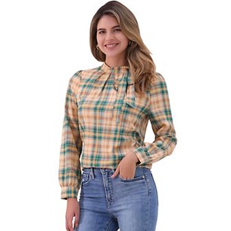 Women's Bow Tie Neck Grid Checks Shirt Office Work Tops Blouses