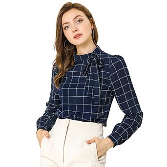 Women's Bow Tie Neck Grid Checks Shirt Office Work Tops Blouses