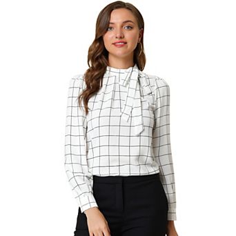 Women's Bow Tie Neck Grid Checks Shirt Office Work Tops Blouses