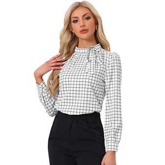 Women's Bow Tie Neck Grid Checks Shirt Office Work Tops Blouses