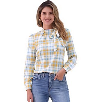 Women's Bow Tie Neck Grid Checks Shirt Office Work Tops Blouses