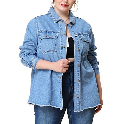 Women s Plus Size Casual Washed Frayed Denim Jacket