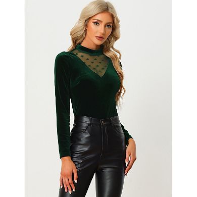 Women's Casual Velvet Long Sleeve Choker Neck Heart Dots Mesh Panel Top