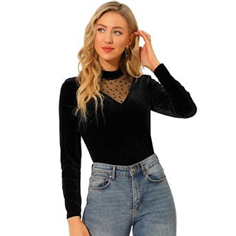 Women's Casual Velvet Long Sleeve Choker Neck Heart Dots Mesh Panel Top