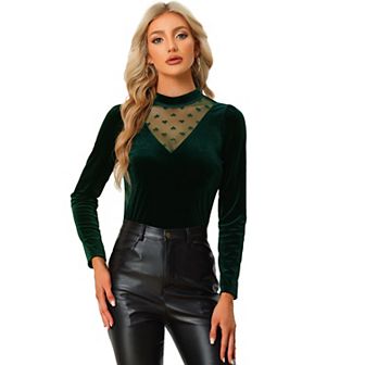 Women's Casual Velvet Long Sleeve Choker Neck Heart Dots Mesh Panel Top