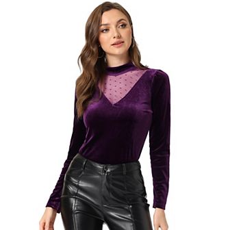 Women's Casual Velvet Long Sleeve Choker Neck Heart Dots Mesh Panel Top
