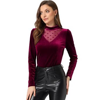Women's Casual Velvet Long Sleeve Choker Neck Heart Dots Mesh Panel Top