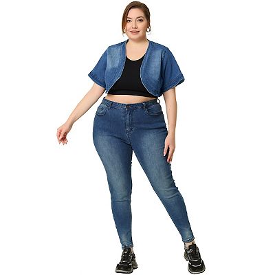 Plus Size Denim Cardigan for Women Casual Crop Jackets Short Sleeve Jean Jacket Shrug