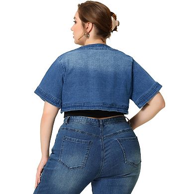 Plus Size Denim Cardigan for Women Casual Crop Jackets Short Sleeve Jean Jacket Shrug