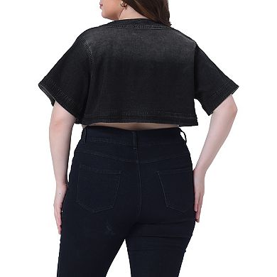 Plus Size Denim Cardigan for Women Casual Crop Jackets Short Sleeve