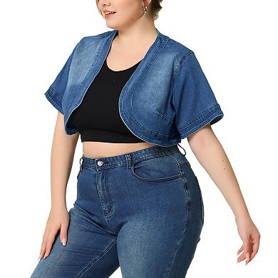 Plus Size Denim Cardigan for Women Casual Crop Jackets Short Sleeve Jean Jacket Shrug