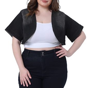 Plus Size Denim Cardigan for Women Casual Crop Jackets Short Sleeve Jean Jacket Shrug