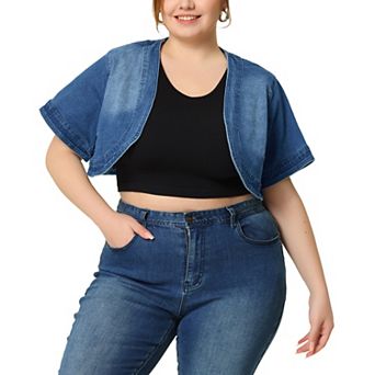 Plus Size Denim Cardigan for Women Casual Crop Jackets Short Sleeve Jean Jacket Shrug
