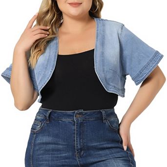 Plus Size Denim Cardigan for Women Casual Crop Jackets Short Sleeve Jean Jacket Shrug