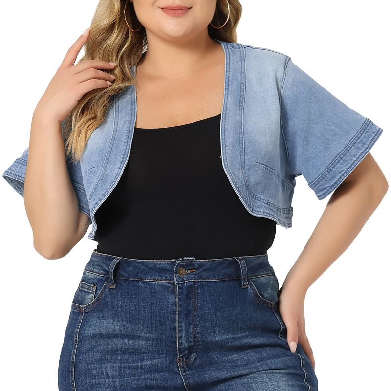 Plus size short clearance sleeve cropped denim jacket