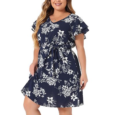 knee length dresses for ladies S.L. Fashions Chiffon Tulip Tier Dress-Plus, Size 14W, Navy