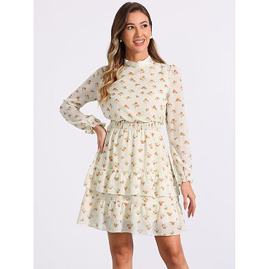 Women's Floral Stand Collar Tiered Ruffle Hem Long Sleeve Chiffon Dress
