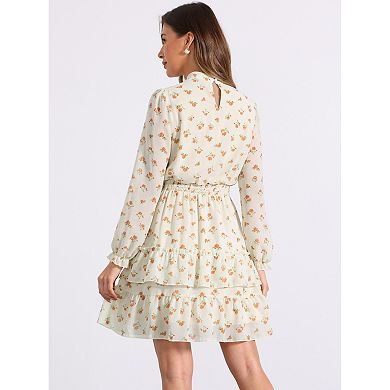 Women's Floral Stand Collar Tiered Ruffle Hem Long Sleeve Chiffon Dress