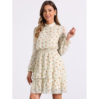 Women's Floral Stand Collar Tiered Ruffle Hem Long Sleeve Chiffon Dress