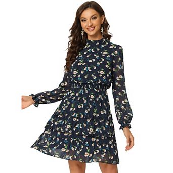Women's Floral Stand Collar Tiered Ruffle Hem Long Sleeve Chiffon Dress
