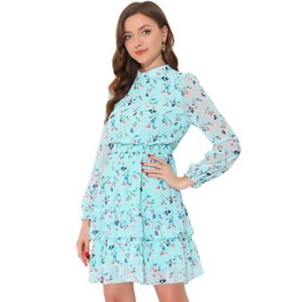 Women's Floral Stand Collar Tiered Ruffle Hem Long Sleeve Chiffon Dress