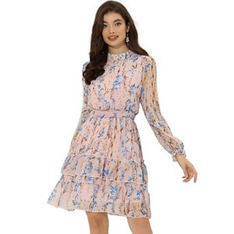 Women's Floral Stand Collar Tiered Ruffle Hem Long Sleeve Chiffon Dress