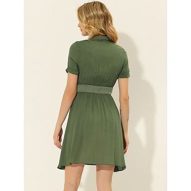 Women's A-Line Button Smocked Color Block Summer Dress