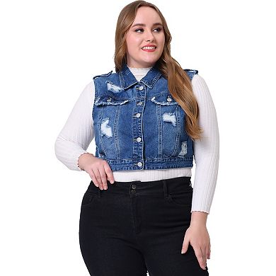 Women's Plus Size Denim Sleeveless Chest Pockets Vests Jacket